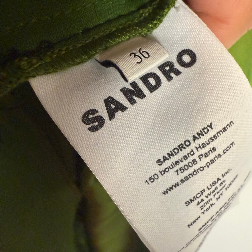 Sandro Zola Green Satin Ruched Front Tie Strap Slip Cocktail Midi Dress Size 4 - Picture 15 of 15